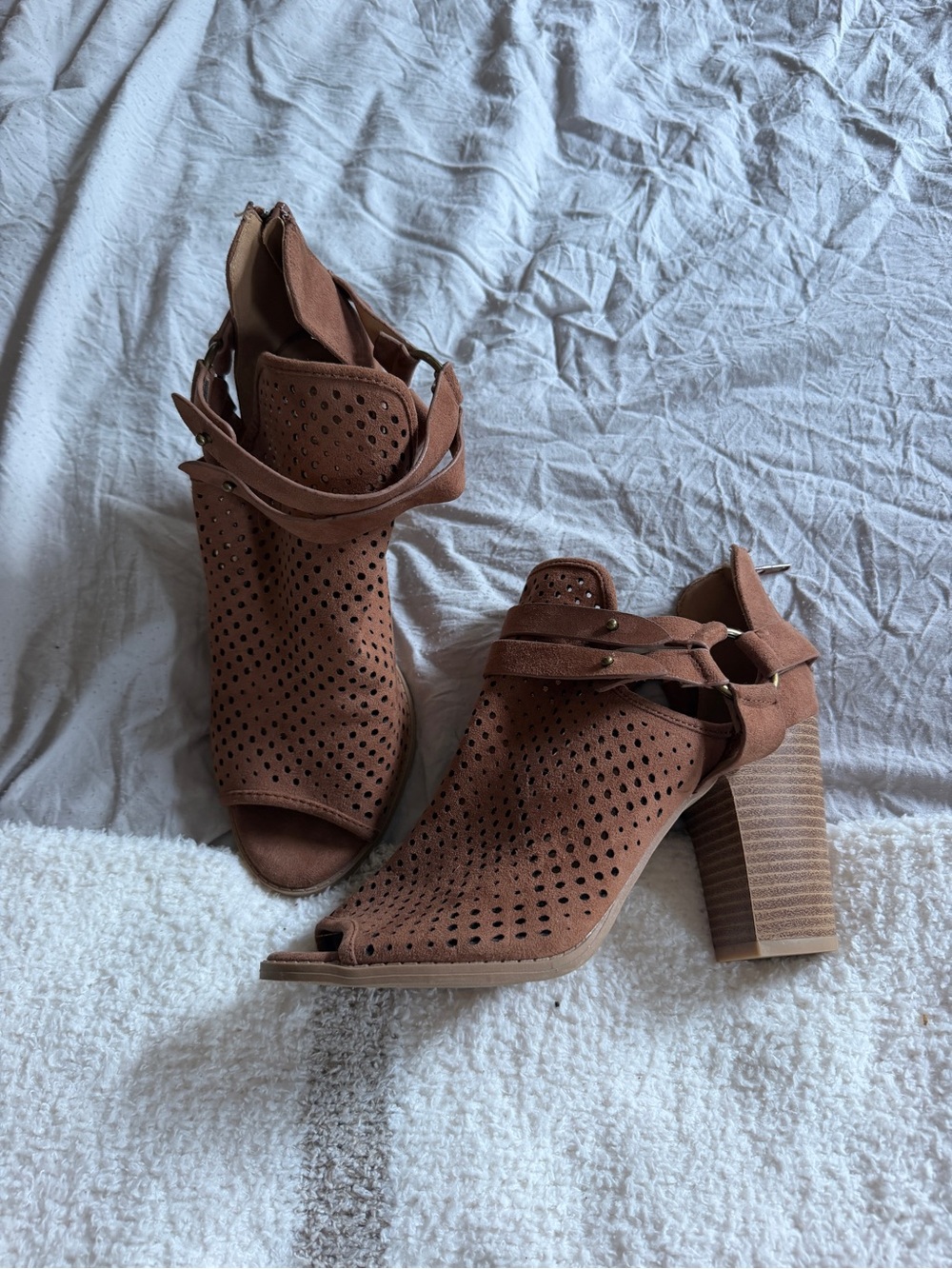 Altar'd State Brown Perforated Suede Peep-Toe Block Heels
